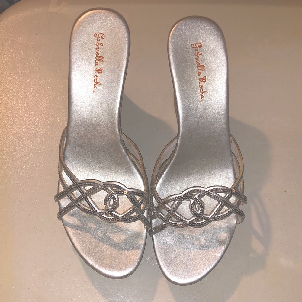 Silver sequin cork 8M wedge sandal. Gabriella Rocha. Fancy, party, all season.